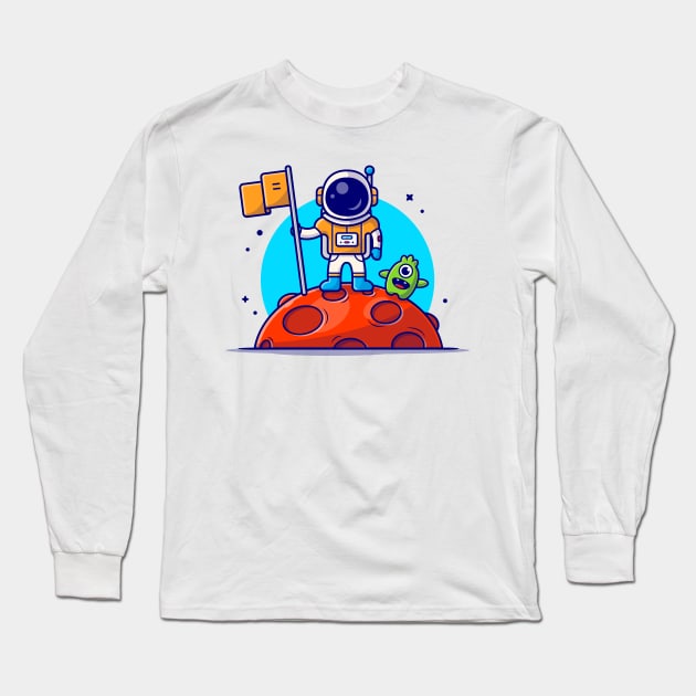 Cute Astronaut Standing Holding Flag on Moon with Cute Alien Space Cartoon Vector Icon Illustration Long Sleeve T-Shirt by Catalyst Labs